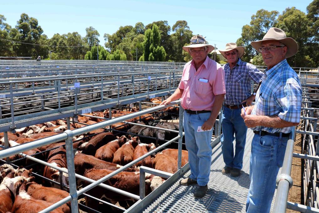 Jeff GIbbs (right), Boddington, presented quality Hereford calves in the sale and was pictured recording the weights with Elders Williams agent Graeme Alexander (left) and Gary Wilson, Boddington.