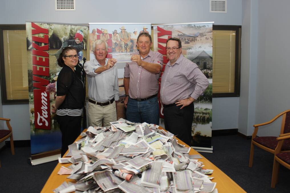 Farm Weekly livestock manager Jodie Rintoul (left), WA Angus Society promotions committee member Bruce Campbell, Cooara stud, Keysbrook, WA Angus Society vice-chairman Mark Hattingh, Redhat stud, Wannamal and Farm Weekly editor Darren O'Dea  at the draw of the Farm Weekly-WA Angus Breeders competition.