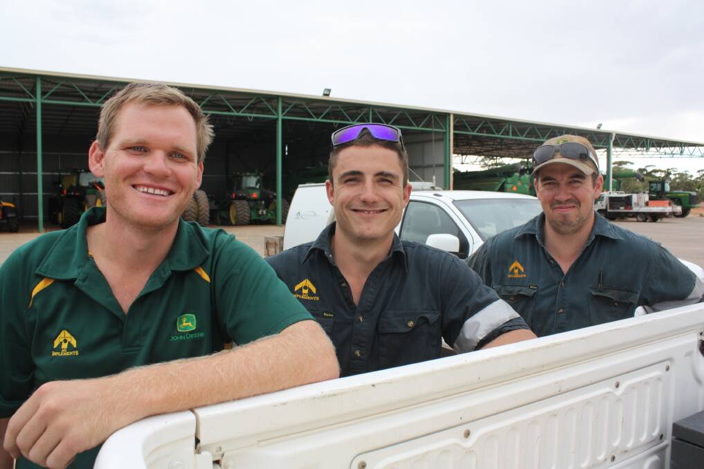 Ready for a customer call-out are precision ag AMS manager Matt Harrod (left), fourth-year apprentice Jay Costantini and workshop foreman Chris Gillett.