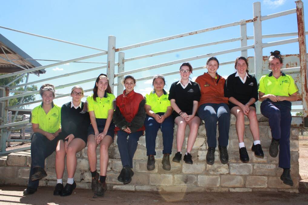 Year 11 and 12 students from the WA College of Agriculture, Cunderdin, Chloe King (left), Mukinbudin, Jessie Osboine, Bolgart, Shona Fluck, Miling, Monica Lee, Wongan Hills, Alyssa Cafilo, Cunderdin, Lynayha Wells, Merredin, Carla Woods, Muchea, Georgia France, Kellerberrin and Grace Davey, Konnongorring.  The number of girls enrolled at the school has more than doubled over the past two years.
