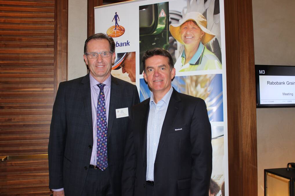 Guest speaker at the Rabobank luncheon Dan Basse (left), AgResource Company, Chicago, USA, with Rabobank central and south east WA manager Steve Kelly.
