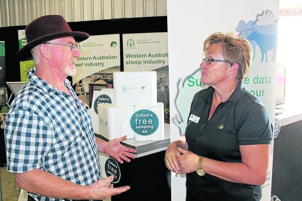 Peter Wingard, with DAFWA program co-ordinator Dr Anna Erickson at the recent Make Smoking History Wagin Woolorama. DAFWA has launched a surveillance program allowing sheep producers free testing to diagnose ewe abortion and newborn lamb deaths.