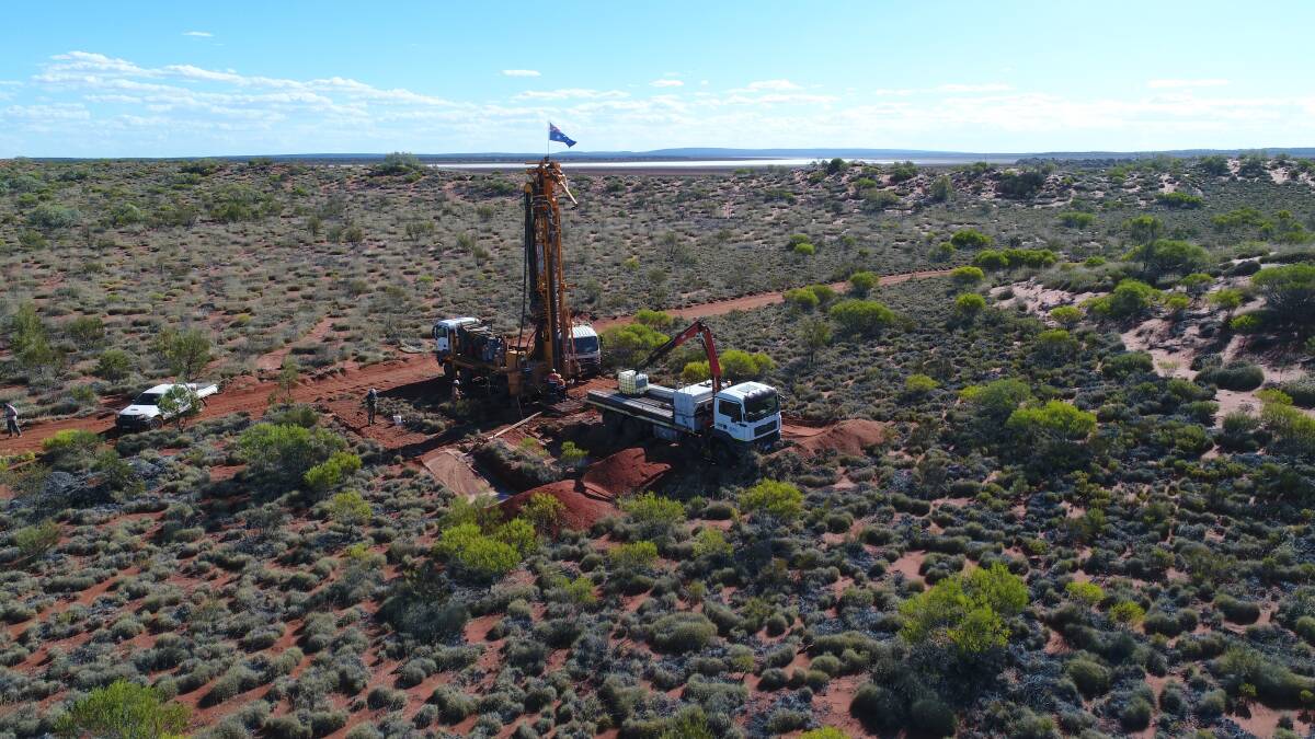 A rig drilling down to tap into brine in ancient underground waterways beneath remote WA salt lakes as part of Kalium Lakes' Beyondie project which aims to produce Sulphate of Potash fertiliser.