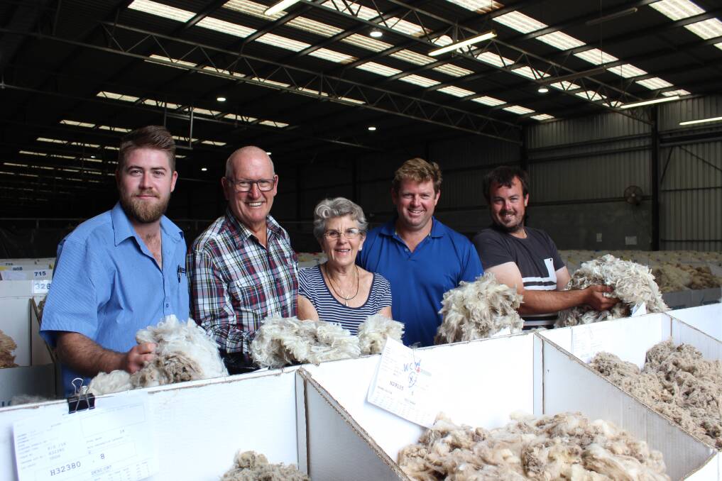 Westcoast Wools' Albany wool representative Justin Haydock (left), Peter and Lyn Taylor, Lake Grace, son Royce who runs the farm, and farm manager Chris Cody.