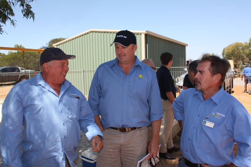Todd Henville (left), west Binnu, Owen Mann, CRT Geraldton and Tom Powell, Binnu, at the recent Autumn Update in Binnu hosted by the Northern Agri Group.