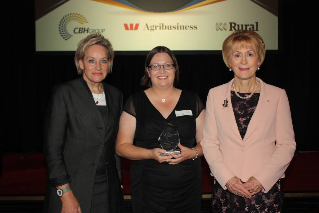 WA's 2017 Rural Woman of the Year Tanya Dupagne (centre), flanked by Agriculture and Food Minister Alannah MacTiernan (left) and Governor of WA Kerry Sanderson at the Rural Industries Research and Development Corporation awards night.