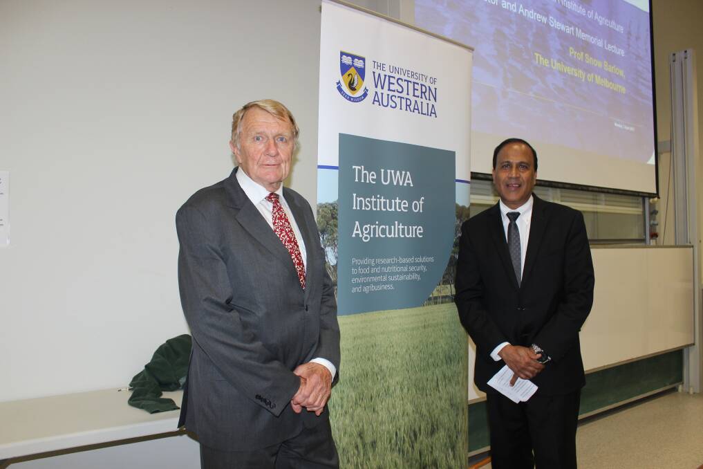 Agricultural scientist professor EWR 'Snow' Barlow (left) who presented the Hector and Andrew Stewart Memorial Lecture on the agricultural challenges of climate change, with UWA Institute of Agriculture chairman and director Professor Kadambot Siddique.