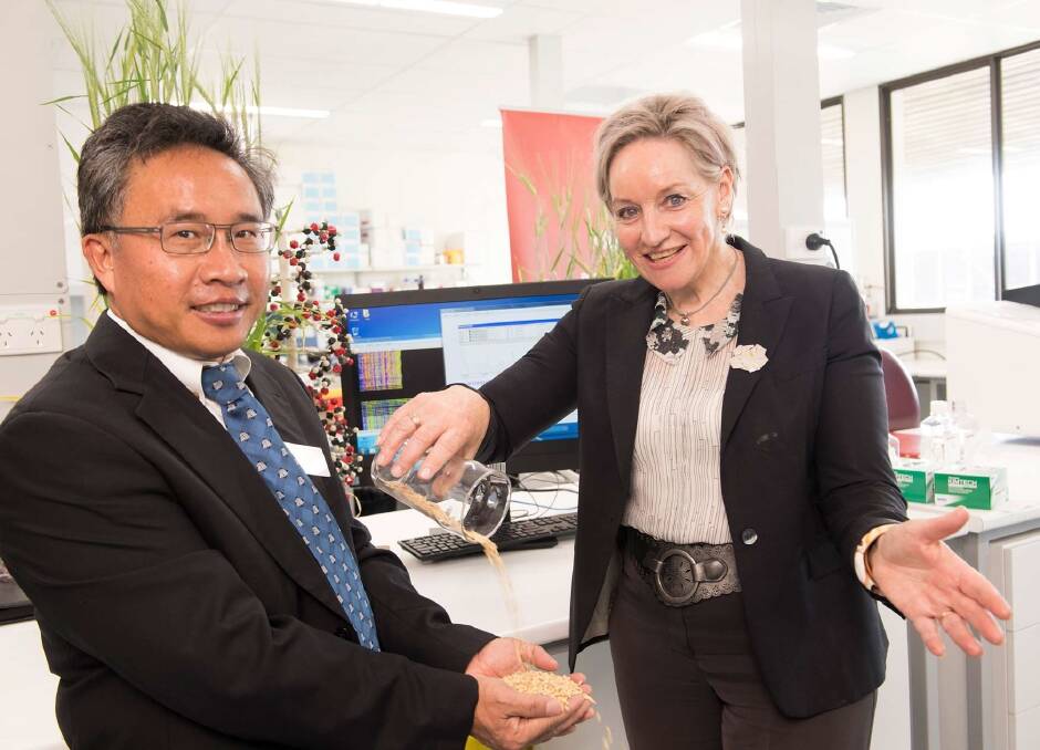 Murdoch University alliance director and professor Chengdao Li, celebrates the development of new and improved barley varieties with Agriculture and Food Minister Alannah MacTiernan.