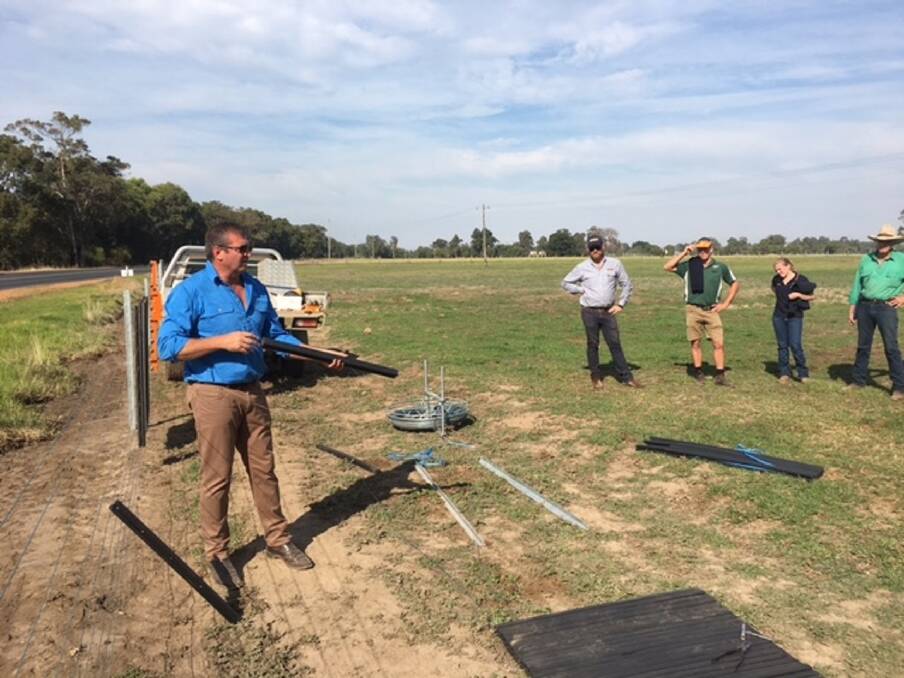 Westonfence operations manager Duncan Abbey explains the design of the Westonfence to farmers and contractors at last week's Gallagher roadshow at Dardanup. 