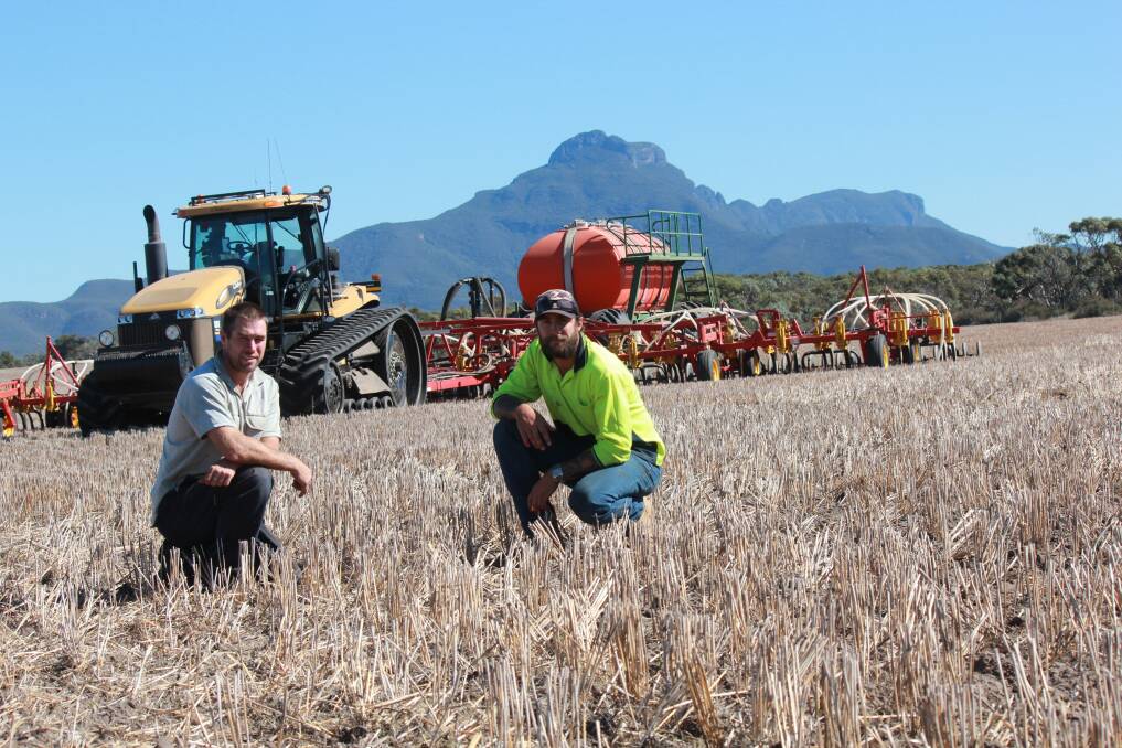 Gnowellen farmer Jeff Stoney (left), with employee Nick Randall in a paddock being sown to Thumper canola, with the Stirling Ranges in the background.