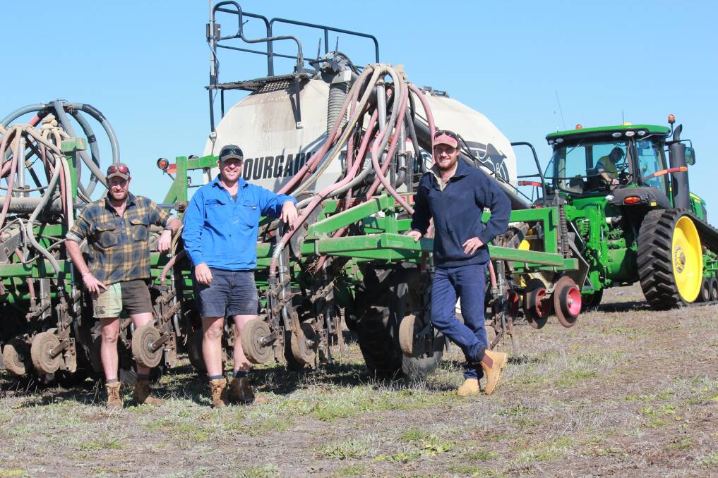 Farm employee Chris Walls (left), with Jarrod King and Brett Crabtree, were taking a maintenance break on the Gairdner River property when Farm Weekly called in.