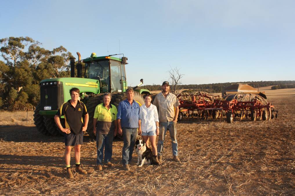  The Woods' seeding team made up of Reuben Woods (left), John Atkins, Steve Woods, Elise Woods and Brent Leeson were finishing their 700 hectare canola program when Farm Weekly dropped by.