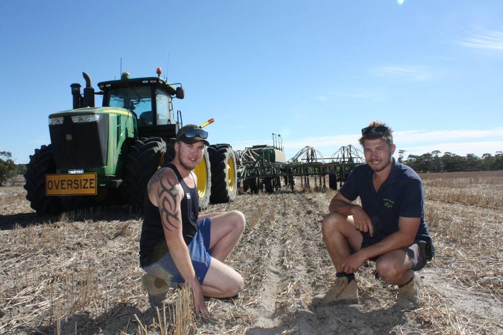 Farm employee Jake Scammell (left), and Sam Reynolds were finishing off the last 30 hectares of lupins when Farm Weekly called in.