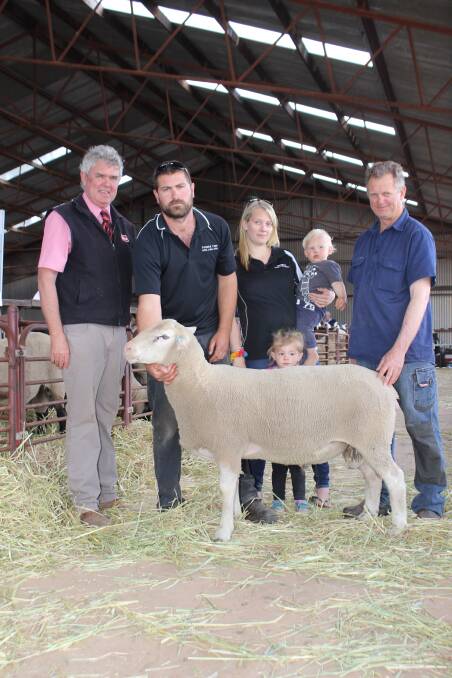 David Millsteed (right), Daybron Farms, Wongan Hills, won the WAMMCO Producer of the Month award for July 2016, with a line of White Suffolk-Merino cross lambs. He is with Elders Wongan Hills agent Jeff Brennan (left), Fenwick Farms' Corey and Krystal Glass and children Skye and Reegan Glass at the Wongan Hills ram sale last year where Mr Millsteed purchased the top-priced White Suffolk sire from 