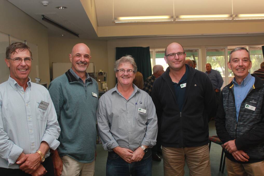 Speakers at the Better Pastures Workshop held in Albany last week included Wellstead grower Morgan Sounness (left) and DAFWA research officers Paul Sanford, Phil Nichols, Ron Masters and Geoff Moore.