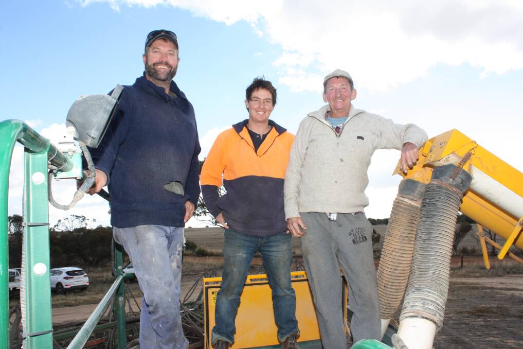  Darren Kilminster (left), Grant Guest and Paul Hutton were finishing off the last 130 hectares of their Bruce Rock cropping program when Farm Weekly visited last week.