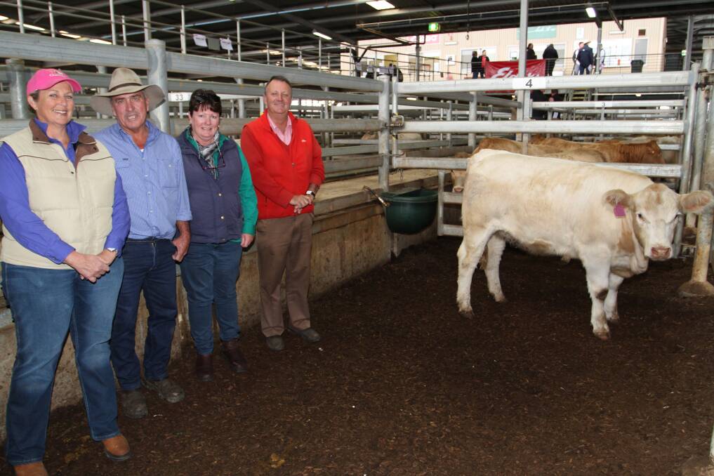 Values topped at $6500 for a stud yearling Charolais heifer at the Liberty Charolais yearling bull and female sale at the Muchea Livestock Centre on Monday. Liberty stud co-principal Robin Yost (left), Toodyay, was pictured with top-price heifer buyers Mark and Rose King, Spring Valley Charolais stud, Donnybrook and Roger Fris, Elders Northam.