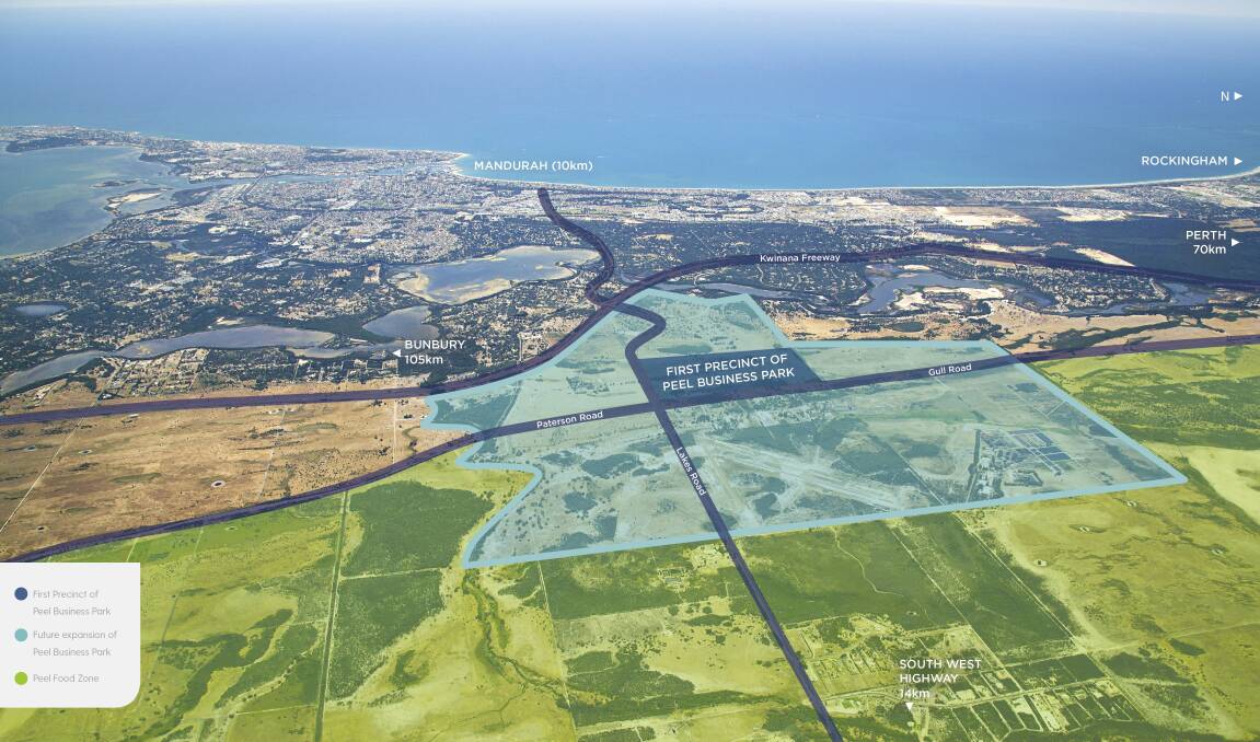 An aerial view showing the area marked for the proposed Peel Business Park (pale green), the first stage (dark green) which is attracting international and local interest from agribusinesses and a proposed Peel Food Zone (brighter green).