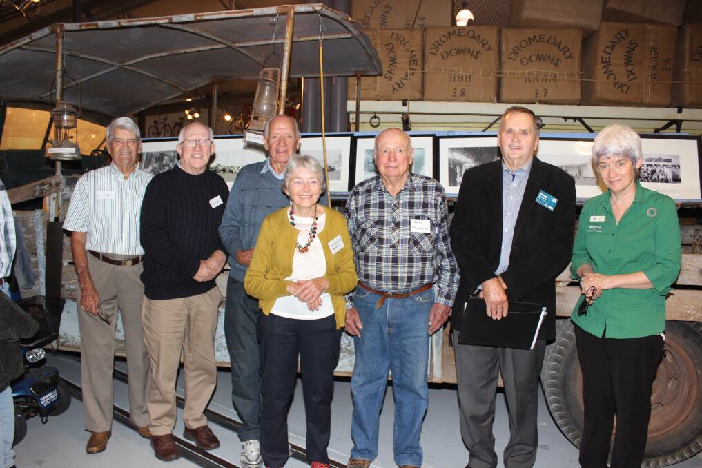 Former shearer Gil Carter (left), former contractor Marc Synnot, former shearer Colin Christensen, shearing historian Val Hobson, former shearer Barry Mainwaring, Shearers & Pastoral Workers Social Club president Doug Kennedy, and Revolutions Transport Museum curator Val Humphrey in front of the shearing truck display for the launch of The Truck Days documentary video.