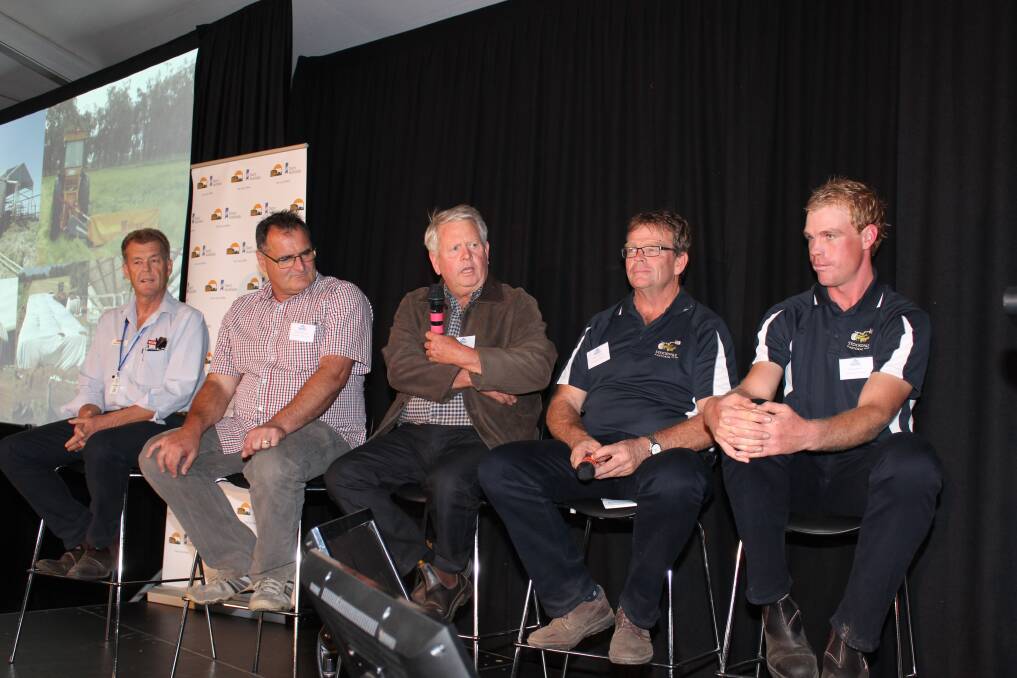 Feed supplier Dean Maughan (left), Parmalat Western Australia milk supply manager Malcolm Fechney, property owner Ross Denny and father and son dairy farmers Robin and Wes Lammie, answering questions at the Dairy Innovation Day.