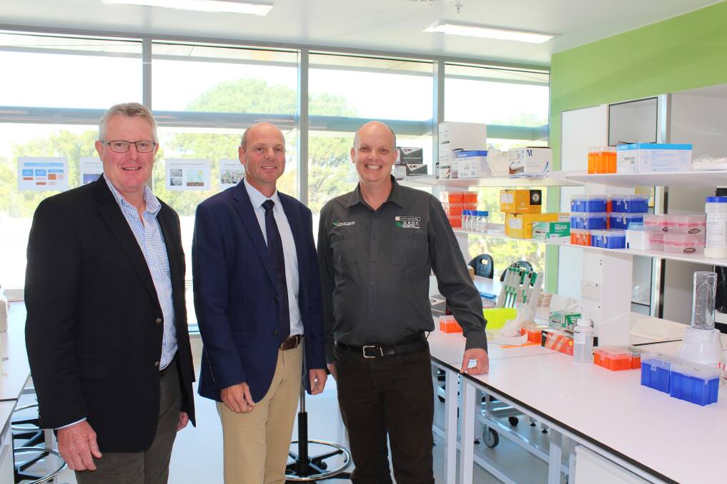  Grains Research and Development Corporation managing director Steve Jefferies (left), chairman John Woods and Centre for Crop and Disease Management co-director Mark Gibberd at the CCDM's laboratory in Perth. The GRDC board was in Western Australia for a meeting in Geraldton and also held informal meetings with growers.