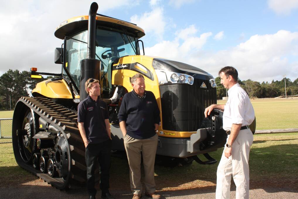 PH Kerr & Co salesman Michael Ridgway (left), Esperance, dealer principal Brian Kerr and AGCO product manager (Challenger) Tim Oldaker at last week's information day at Gibson.