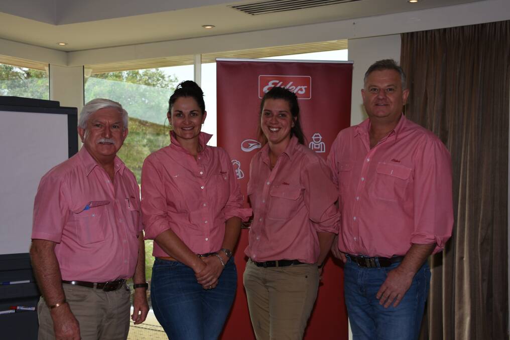 Elders WA livestock sales manager Tom Marron (left) and Elders State livestock manager Geoff Shipp with two of the newest members of the Elders livestock team Carly Longmuir, Derby and Kate Varis, Corrigin.