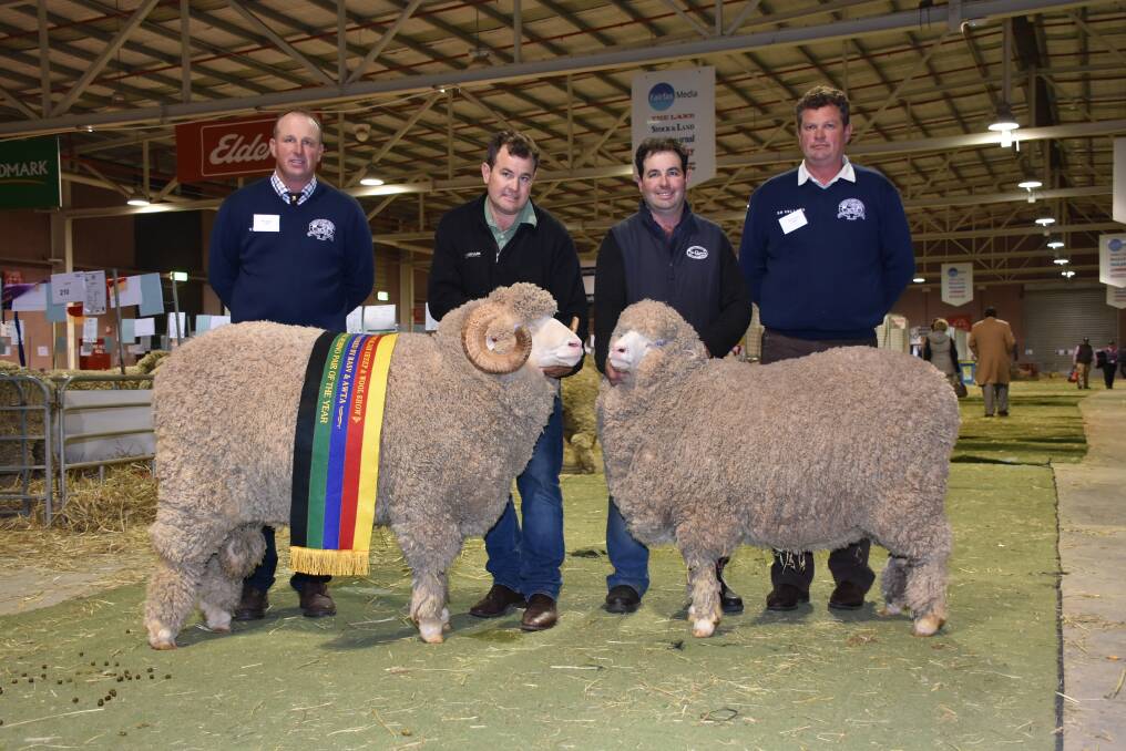 The St Quentin stud, Nyabing, exhibited the winning national pair at this year's Australian Sheep & Wool Show in Bendigo, Victoria, on Friday night. With the stud's pair are judge Wes Daniell (left), White River stud, Minnipa, Mitchell Crosby, Landmark Breeding, St Quentin stud co-principal Scott Crosby and judge Paul Norrish, Angenup stud, Kojonup.