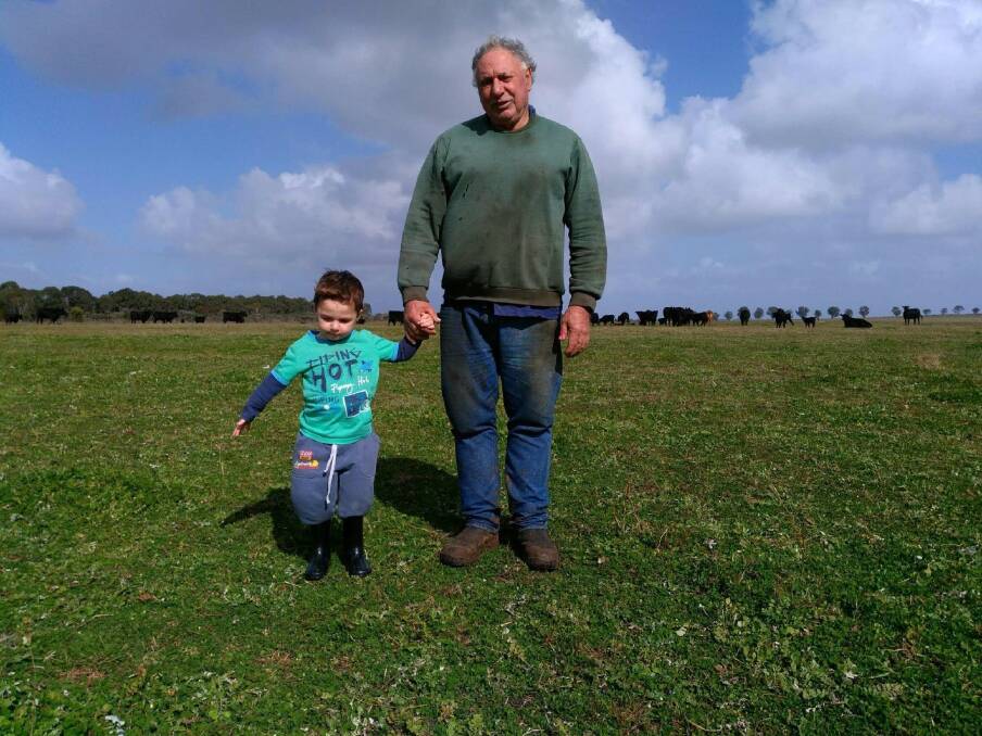 p Lino Dell'Agostino and his grandson Nate in a pasture paddock on their Telina Downs property east of Esperance.