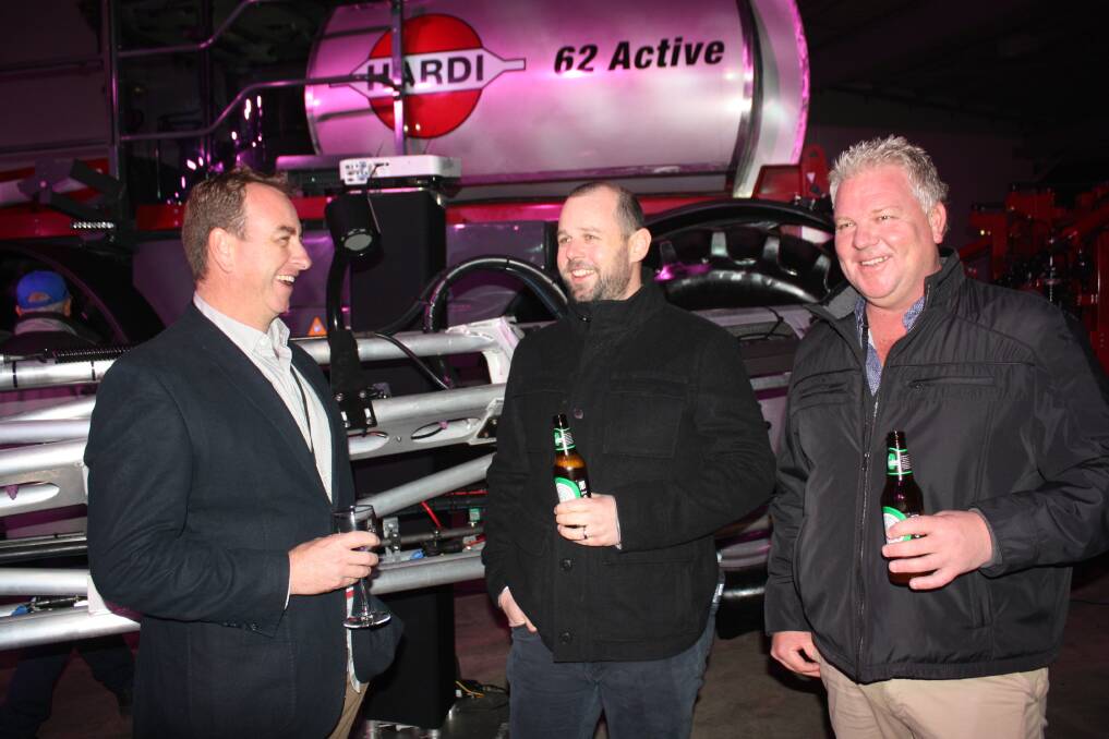 McIntosh & Son managers were keen observers at last week's Hardi product launch in Adelaide. Checking out this new Saritor SP 62 Active were Katanning, Kulin, Esperance and Albany branch manager Devon Gilmour (left), Wongan Hills and Merredin manager Anthony Ryan and company group sales manager Ben Daniell.