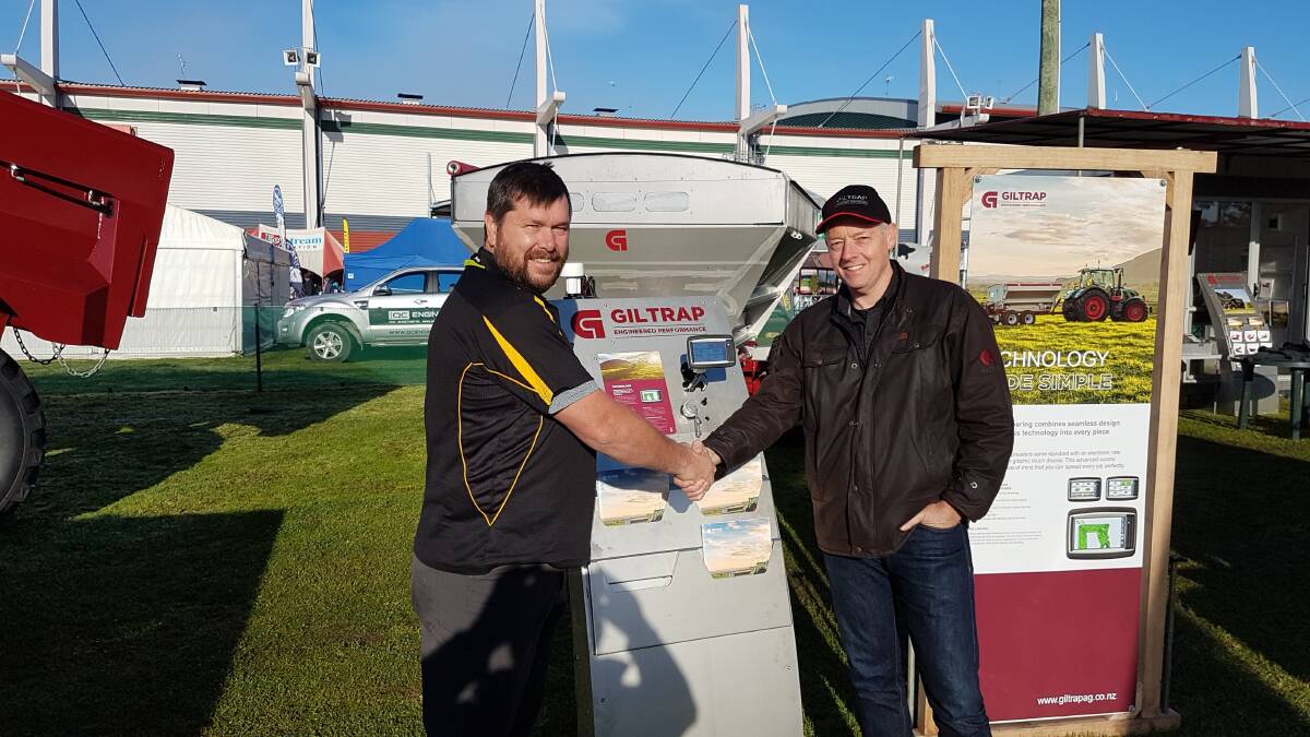 Farmscan Ag OEM manager Clark Croucher (left) with Giltrap managing director Craig Mulgrew. Giltrap recently announced it will be adopting Farmscan Ag's 7300 Spreader Controller for its range of spreaders.