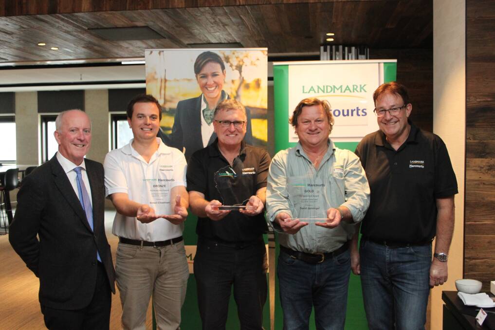 Landmark Harcourts region corporate and business development manager – West, Glenn McTaggart (right), presented the awards for overall sales rural to gold award recepient David Jannings, silver awardee Neville Tutt and bronze awardee Simon Cheetham, watched by one of the guest speakers on the day Brian McCormack (left), WA Property Lawyers.