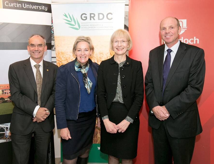 Murdoch University deputy vice chancellor of research and innovation David Morrison (left), State Agriculture and Food Minister Alannah MacTiernan, Curtin University vice chancellor Deborah Terry and Grains Research and Development  chairman John Woods at Murdoch University.