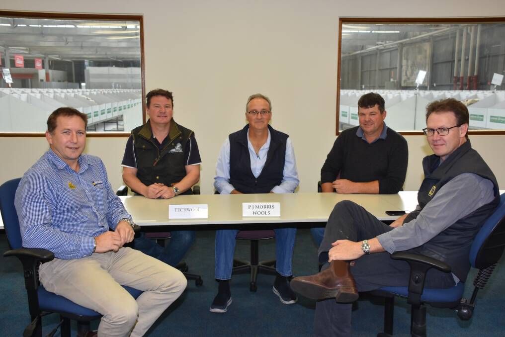 Discussing the new WA Premium Lot of the Week competition which will kick off this week were Primaries wool manager Greg Tilbrook (left), buyers Russell Fraser, Techwool Australia and Darren Calder, PJ Morris Wools, who will be selecting the winning lots each sale, Great Southern Merino Sheepbreeders' Association committee member Jeremy King and Dyson Jones director Peter Howie.