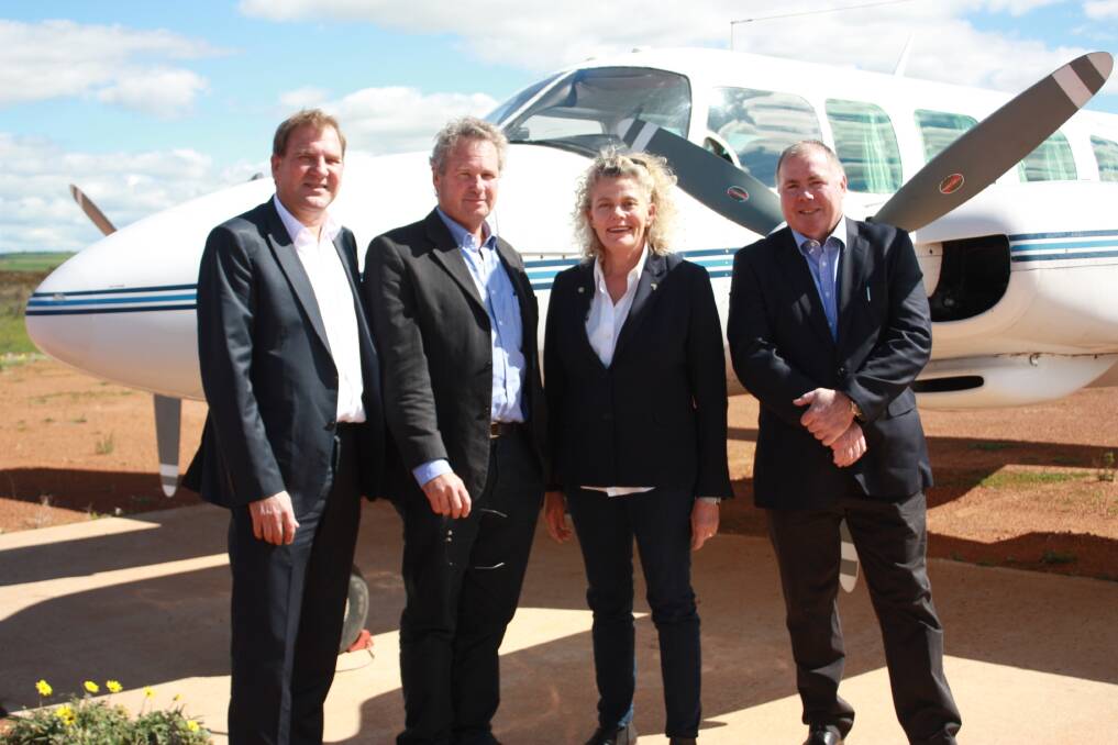 Labor Party Agricultural Region MLC Darren West (left), WAFarmers president Tony York and National Farmers' Federation president Fiona Simson flew to Kulin last month to meet with Kulin shire president Barry West (right) and members of the local community at a public meeting. 