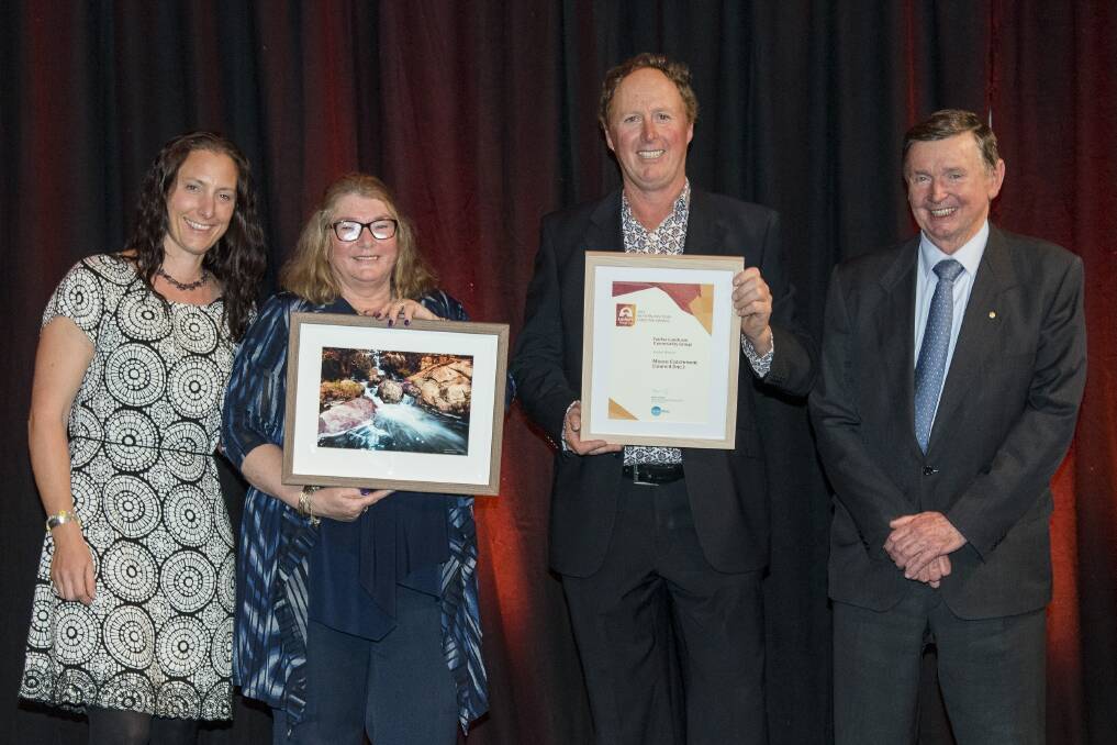  Rachel Walmsley (left), Helen Watkins and Tony White, Moore Catchment Council, are pictured with Landcare Australia WA patron Malcolm McCusker after receiving the Fairfax Media Community Group Award last week.