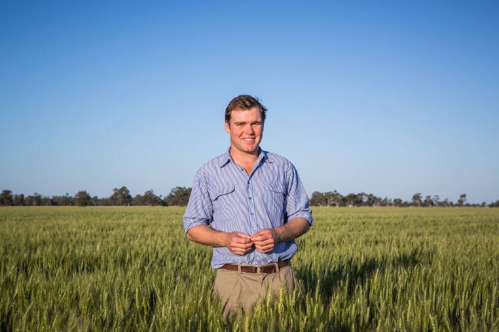 Andrew Freeth standing in a wheat crop on his property, 'Quandong Park', near Gilgandra, New South Wales.