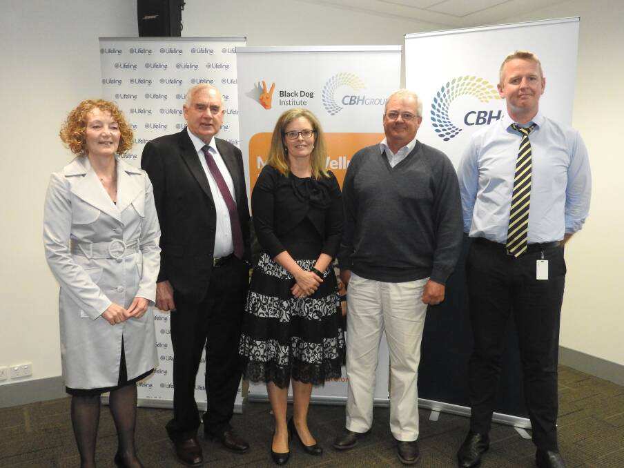  LifeLine WA chief executive officer Lorna MacGregor (left), CBH Group chairman Wally Newman, Black Dog Institute director Melanie Kiely, CBH member director John Hassell and CBH general manager of business transformation Matt Shellabear at the CBH Group's West Perth headquarters on Monday where a new mental health campaign was launched.