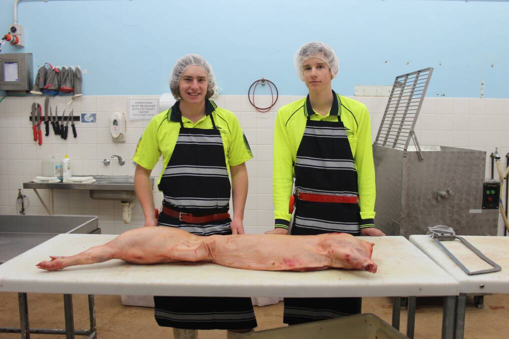  WA College of Agriculture, Cunderdin, Year 11 butchering students Eli Adams (left) and Shane Metcalf.
