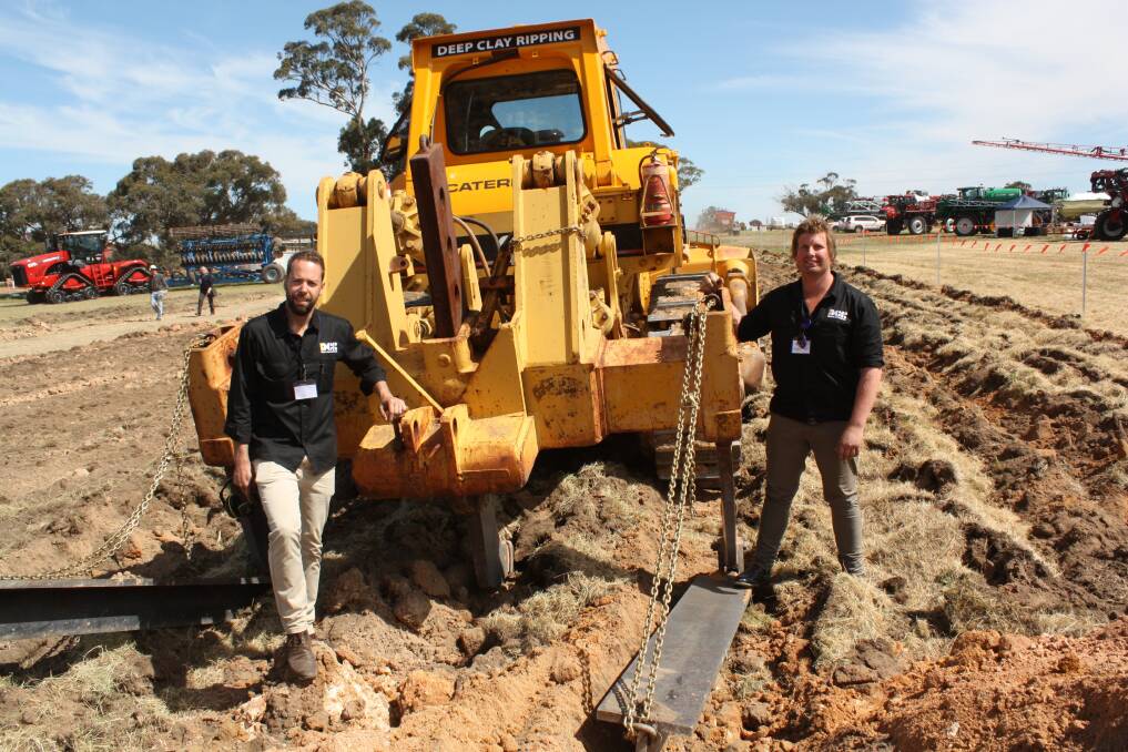 Perth-based DCR directors Matt Waugh (left) and Luke Sproule showed plenty of enthusiasm demonstrating their new Deep Clay Ripping machine at last week's Techspo 2017 at Katanning. 