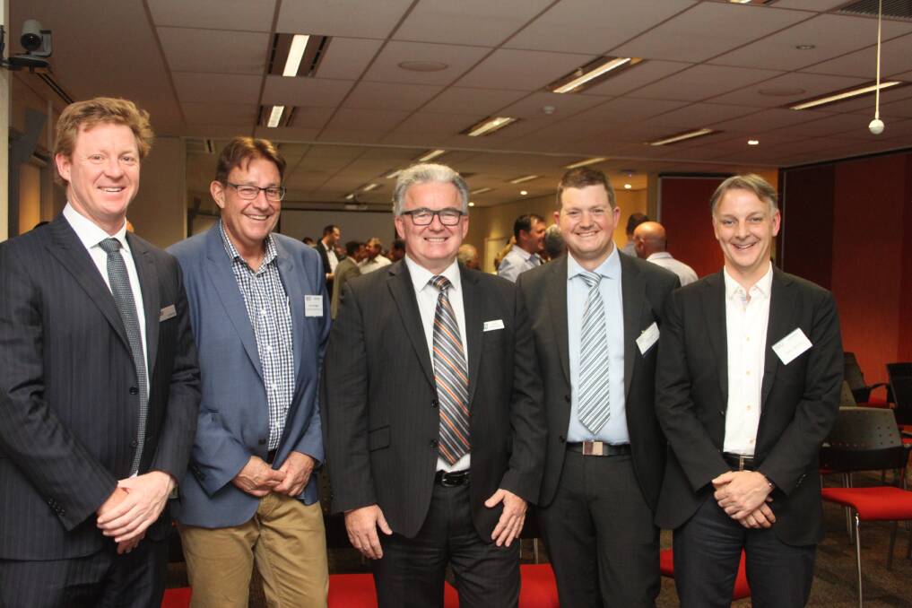 At the Landmark and BDO sundowner in Subiaco last week were BDO managing partner Peter Toll (left), Landmark region corporate services and business development manager – west, Glenn McTaggart and WFI senior distribution manager agribusiness – western, John Snowball, with guest speakers, Source Certain International executive chairman Cameron Scadding and IAG / WFI insurance product development man