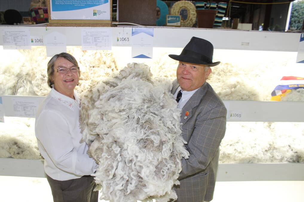 Bev and Ted Hill, West River, with one of their ewe or wether fleece entries in their 24th and possibly last year of competing in the wool section at the IGA Perth Royal Show.