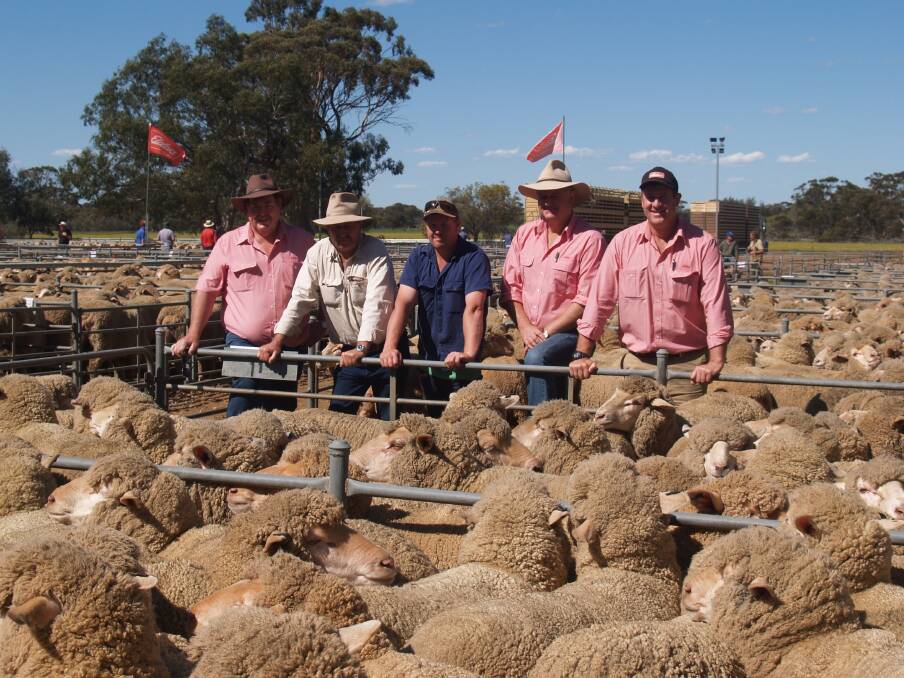 With the $184 top-priced pen of ewes sold in the Wickepin section of the sale were Elders Boyup Brook agent Peter Forrest (left) with his clients and buyers of the line Peter and Jim Johnston, Elders State livestock manager Geoff Shipp and co-ordinator of the Wickepin sale, Paul Keppel, Elders Narrogin. The line of 1.5yo March shorn, Lewisdale-Corrigin blood ewes were offered in the sale by TB & S
