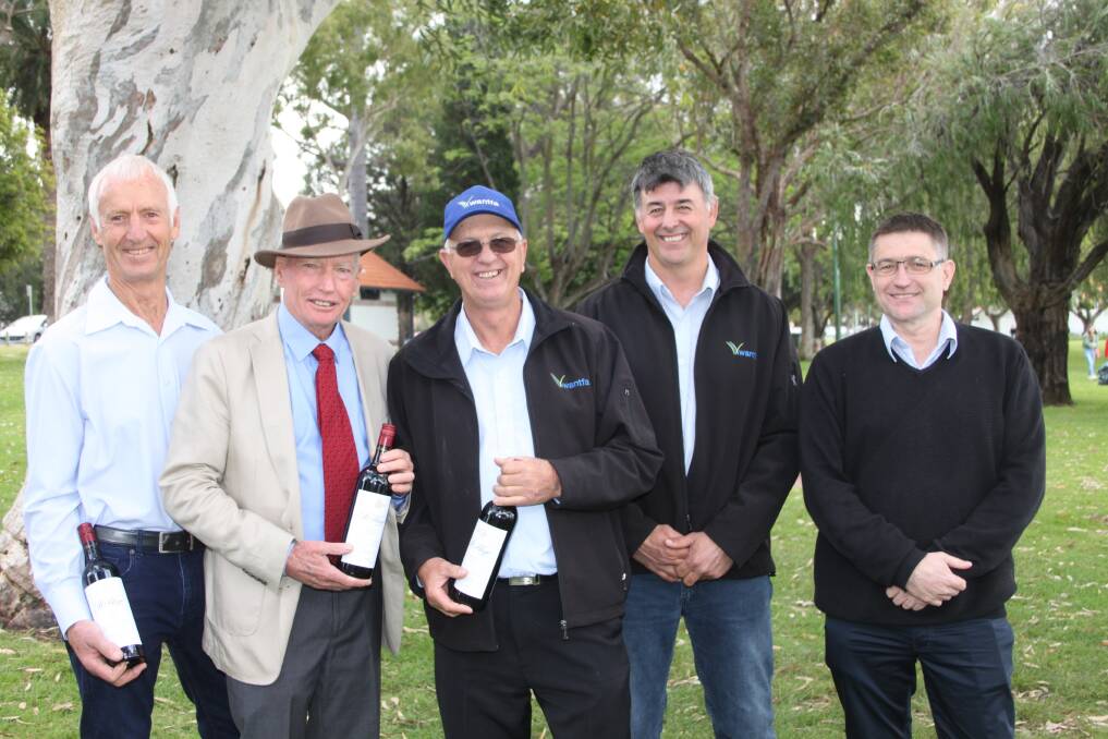  Former WANTFA presidents Geoffrey Marshall (left), Toll Temby and Wes Baker, were recognised for their service to WANTFA by current chairman Clint Della Bosca, Southern Cross and executive director David Minkey, at the association's 25th anniversary celebration and annual general meeting on the Crawley foreshore last Friday.