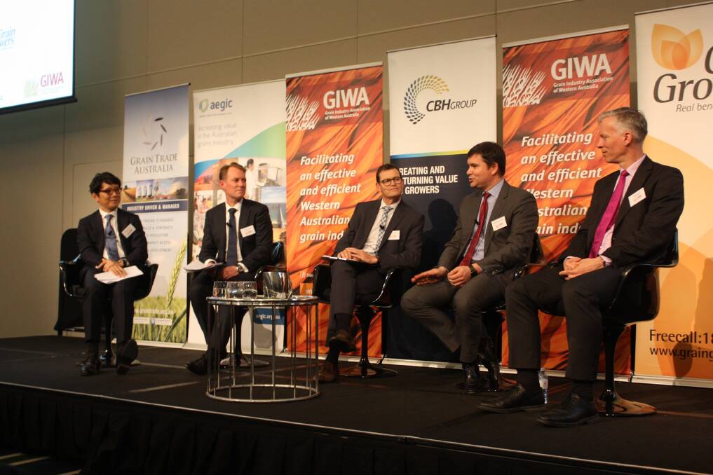  Mitsui & Co feed grain project department general manager Kane Fukuoka (left), CBH Group marketing and trading general manager Jason Craig, Plum Grove executive chairman Andrew Young, Kernel Holding chief operations officer Konstantin Litvinsky and Pacific Partners co-founder and director industrials Paul Jensz made up the expert panel at the Grains Industry Association of WA forum last week.
