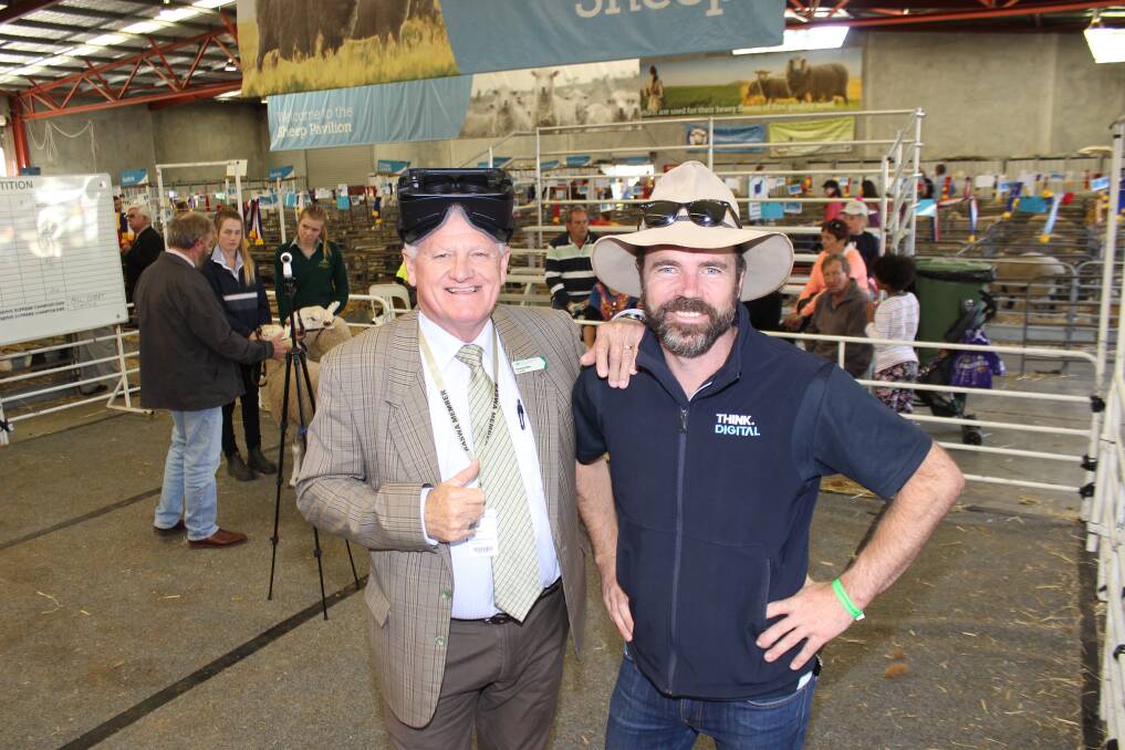 RAS councillor Deane Allen (left) with Tim Gentle from Farm VR at the IGA Perth Royal Show recently where they recorded some sheep judging tutorials with a 360 degree camera for virtual reality training.