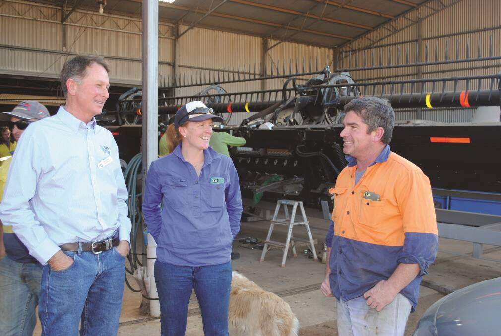 During a recent GRDC spring tour of the Esperance port zone, new GRDC Western Regional Panel member Michael Lamond, left, caught up with growers Jodi Duncan and Brett Kershaw, at West River. 