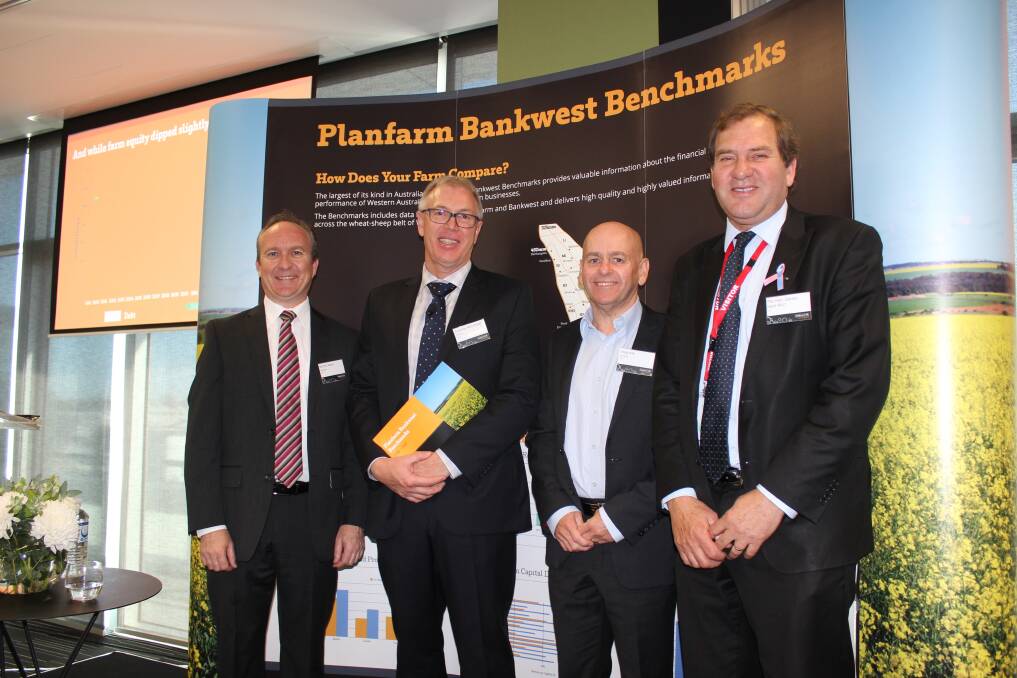 Bankwest State manager rural and regional banking Richard Bator (left), Planfarm agriculture consultant Graeme McConnell, Planfarm managing director Greg Kirk and Agriculture MLC and parliamentary secretary to the Minister for Regional Development Agriculture and Food, Darren West, at the release of the 2016-17 Planfarm Bankwest Benchmarks.
