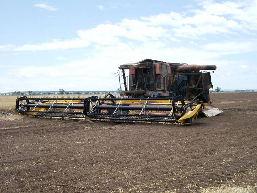 A burnt-out harvester.
