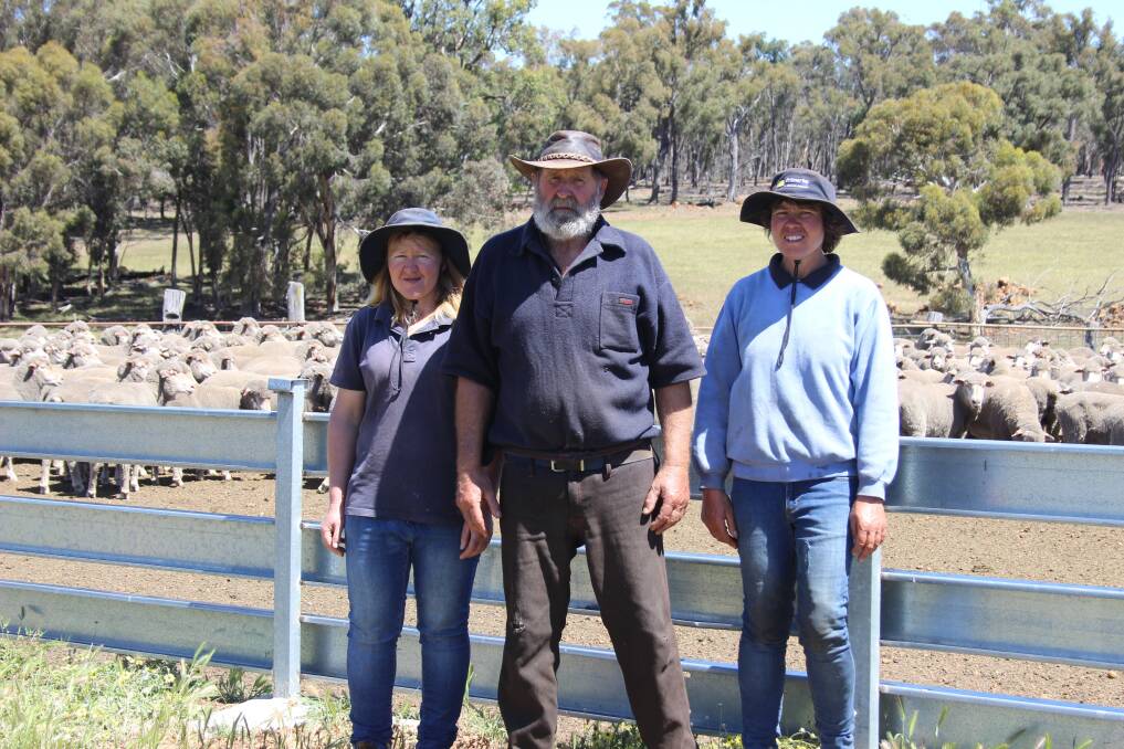 West Brookton farmers Wendy (left), Keith and Debbie Simmons with some of their Merino flock. They say lupins are the best thing for feed.